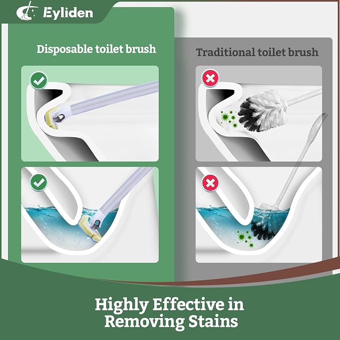 Eyliden Disposable Toilet Brush with Holder, 40-Refill Touch-Free Wand Kit | Pre-Soaked Concentrated Cleaner Sponge, Auto-open Caddy, 19.5" Aluminum Handle, 42 Set Toilet Bowl Cleaing, for Bathroom/RV
