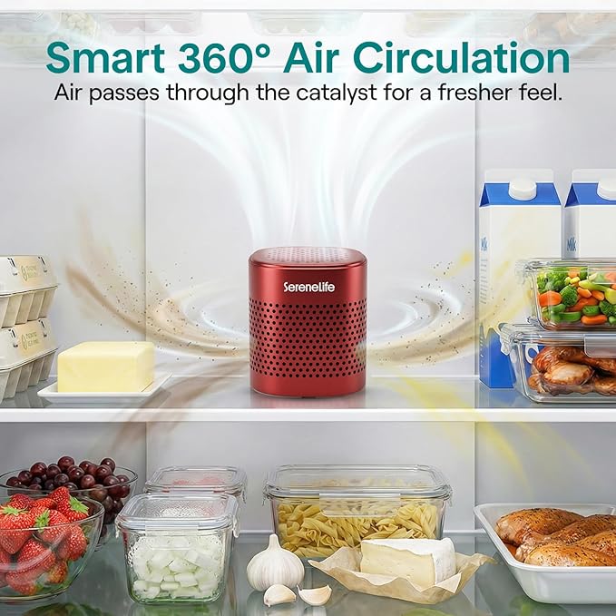 SereneLife Fridge Deodorizer & Odor Eliminator, Multi-Use Refrigerator Deodorizer Aluminum Pod for Freezer, Closet, Car, Shoes & Enclosed Spaces, Compact, Reusable & Lasts Up to 10 Years (Red)