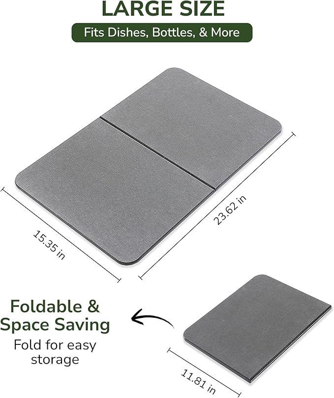 2-Panel Large Foldable Stone Drying Mat 24"x16" – Diatomaceous Earth Stone Dish Drying Mat, Ultra-Absorbent Stone Drying Mat for Kitchen, Collapsible Quick-Dry Countertop Protector for your Dishes
