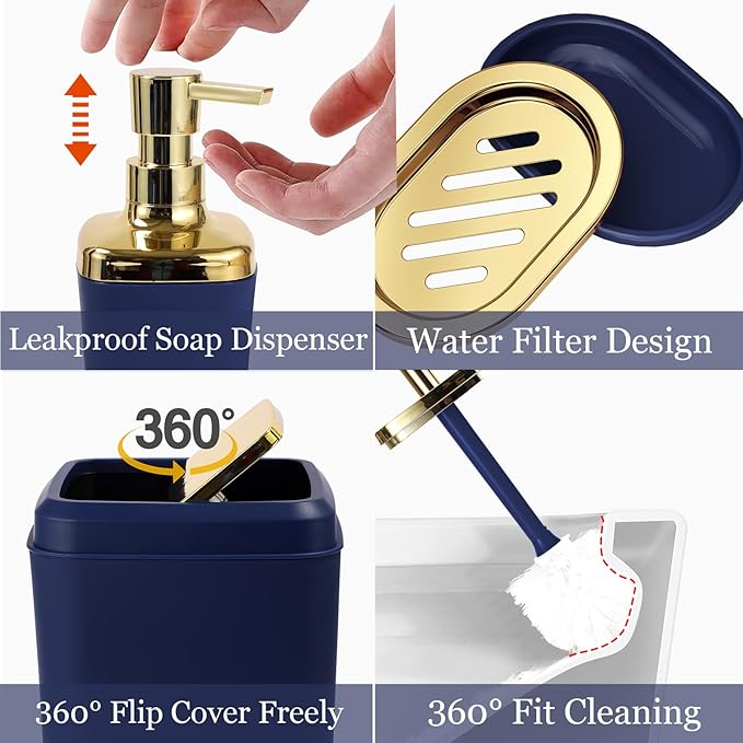 XLHOMO Navy Blue Bathroom Accessories Set, Blue and Gold Bathroom Accessories with Trash Can, Soap Dispenser, Soap Dish, Toothbrush Holder and Q-tip Holders
