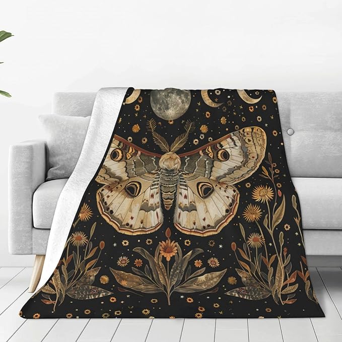 Moth Moon Blanket Witchy Vintage Butterfly Sunflower Decor Throw Blanket Comfy Plush Flannel Fleece Warm Soft Fuzzy Blanket Gothic Gifts for Girls Boys Women Teens for Room Bed Sofa Couch 50"X60"
