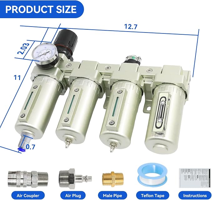 1/2" Air-Dryer-for-Compressor, 4 Stage 3Filter&1Dryer System,Auto Drain | NPT Industrial Grade Air-Compressor-Water-Separator-System for Plasma Cutter and Paint Spray