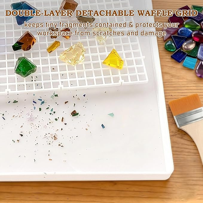 Stained Glass Cutting Mat with Tray, Double-layer Grids Board for Scoring and Cutting, Removable Stained Glass Supplies with Cleaning Brush for DIY Hobby Projects(12.2''x12.2'')