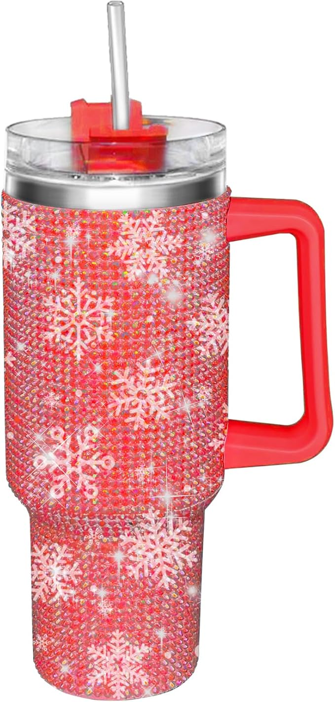 HWISDMIG 40oz Tumbler with Handle-Glitter Rhinestones Tumbler Bling Cups Stainless Steel Water Bottle Diamond Studded Tumbler for Women-Birthday Gifts for Women, Mom, Girlfriend (Snowflake)