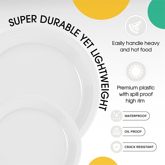 Exquisite Party Solids White Plates Disposable White Plastic Plates 100 Pieces - 50-7" & 50-9" Heavy Duty 350 GSM Disposable Dinnerware Sets, Plastic Dinnerware Sets