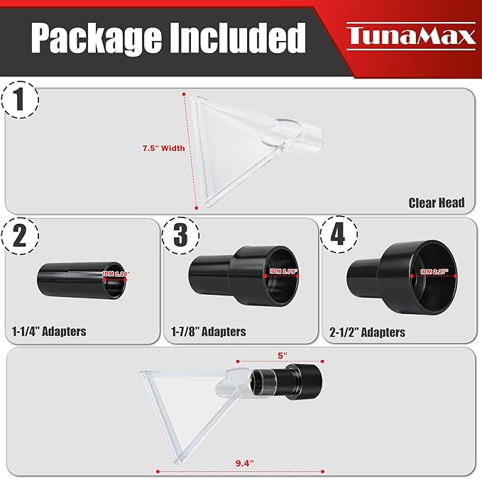 TunaMax Universal Work with All Shop Vacs Extractor Attachment with 1-1/4" & 1-7/8" & 2-1/2" Three Adapters for Upholstery & Carpet Cleaning & Auto Detailing, Large 7-1/2" Width Clear Head