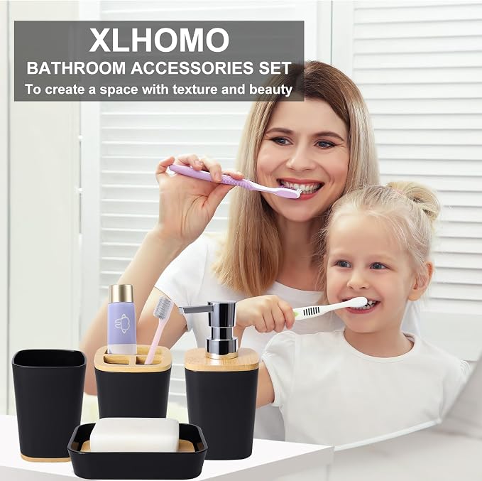 Black Bathroom Accessories Set, 9 Piece Bathroom Set with Trash Can Black Bath Set