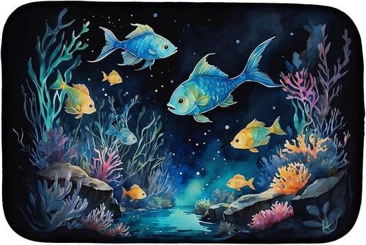 Caroline's Treasures Bioluminescent Fish Dish Drying Mat Absorbent Dish Drying Mat Pad for Kitchen Counter Dish Drainer Mat for Countertop, 14 x 21", Multicolor