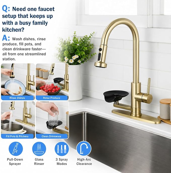 Kitchen Faucet with Glass Rinser for Sink, Pull Down Faucet with 3 Spray Modes and High Pressure Glass Rinser, Single Hole 2 in 1 High Arc Stainless Steel Kitchen Faucets (Brushed Golden)