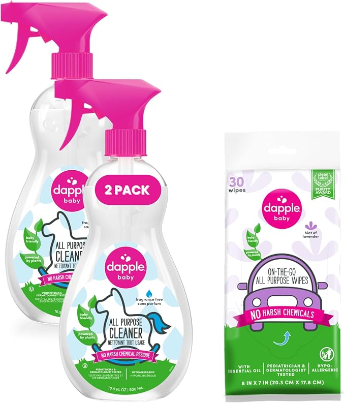 Dapple Baby All Purpose Cleaning Spray and All Purpose Wipes - (2 Pack) 16.9 fl oz Bottle - 30 Cleaning Wipes Total - Fragrance-Free, Hypoallergenic & Plant-Powered - Baby Essentials
