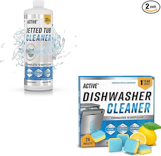 ACTIVE Jetted Tub Cleaner and Dishwasher Cleaner Tablets - Includes 32oz of Jet Bathtub Cleaning Solution and 24 Dishwasher Cleaning Tablets