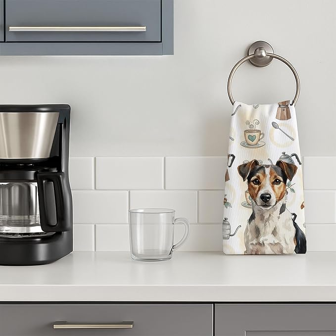 Caroline's Treasures Tricolor Russell Terrier Coffee Bar Kitchen Towel Velour Plush Front and Cotton Loop Back Machine Washable