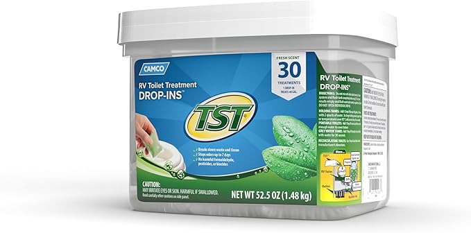 Camco TST RV Toilet Treatment Drop-INs - Control Unwanted Odors and Break Down Waste and Tissue - Safe Septic Tank Treatment - Fresh Scent - 30-Pack (40263)