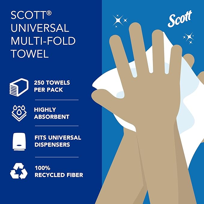 Scott Professional Universal 100% Recycled Fiber Multifold Paper Towels, Bulk (01807), Absorbency Pockets, 9.2"x9.4" Towel, Compressed, Compact (250 Sheets/Pack, 16 Packs/Case, 4,000 Sheet Total)