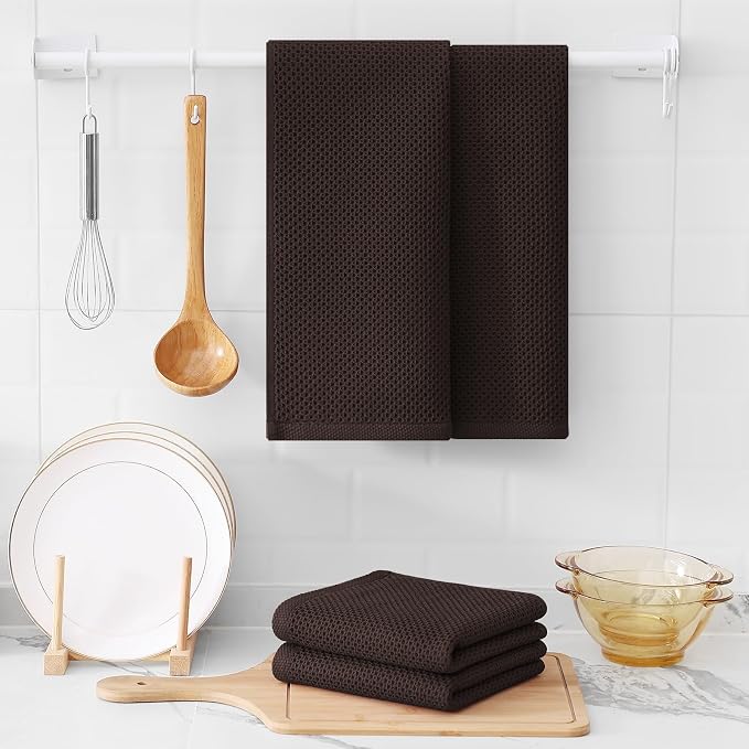 Kitinjoy 100% Cotton Waffle Weave Kitchen Hand Towels (13 X 28 Inches, Dark Brown), 12-Pack Super Soft and Absorbent Dish Towel for Drying Dishes