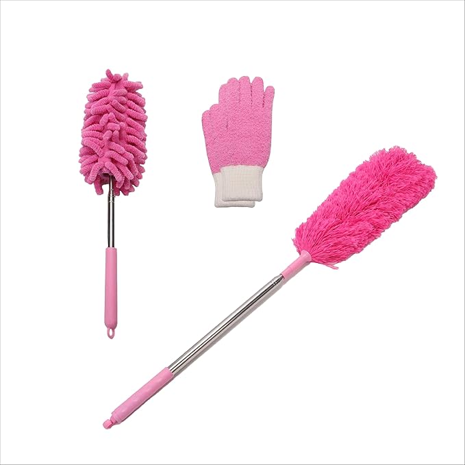 4 Piece Dusting Set – Pink Microfiber Cleaning Kit with 2 Dusting Gloves, Extendable Feather Duster (98"), and Dusting Wand (30") for High Ceilings, Blinds & Furniture