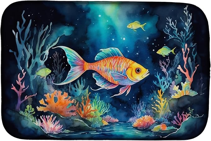 Caroline's Treasures Bioluminescent Fish Dish Drying Mat Absorbent Dish Drying Mat Pad for Kitchen Counter Dish Drainer Mat for Countertop, 14 x 21", Multicolor