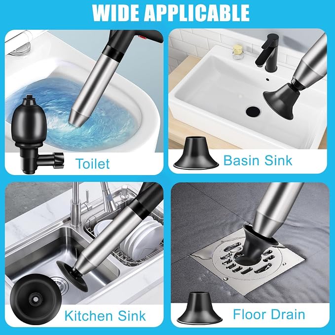 Fast Toilet Plunger High Pressure with Storage Bag, Heavy Duty Air Drain Blaster & Unclogger Tool, Clog Remover Kit & Toilet Snake Alternative for Bathroom, Toilets, Sinks, Tubs, Pipes (Black)