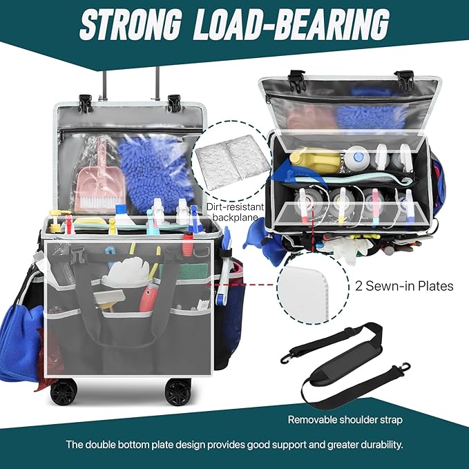 Large Rolling Cleaning Caddy Bag with Detachable Trolley, Full Support Plates for Professional Cleaning Supplies Bag, Organizer Bag with 4 Universal Wheels for Housekeepers, Car Wash