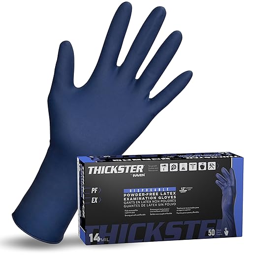 SAS Thickster Exam Grade Latex Gloves 2XL, 12" Length Powder-Free 14 Mil Puncture Resistant, Disposable Heavy Duty Work Gloves, Mechanic, Janitorial & Cleaning Supplies, 10 Boxes of 50-500 Count