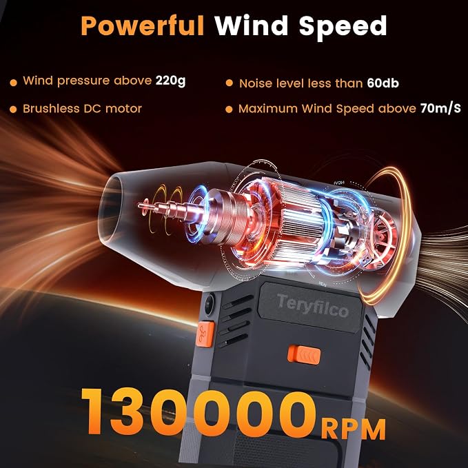 Compressed Air Duster, 130000RPM Cordless Electric Air Blower with Brushless Motor, 3-Speed Adjustable, Rechargeable Powerful Dust Cleaner for Keyboard, Car, Computer, Outdoor