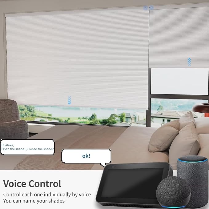 MYshade Motorized Cellular Shades - Smart Blinds Compatible with Alexa/Google Home/SmartThings, 100% Blackout Rechargeable Cordless Honeycomb Blinds, Custom-Size Auto Shades for Windows (White)