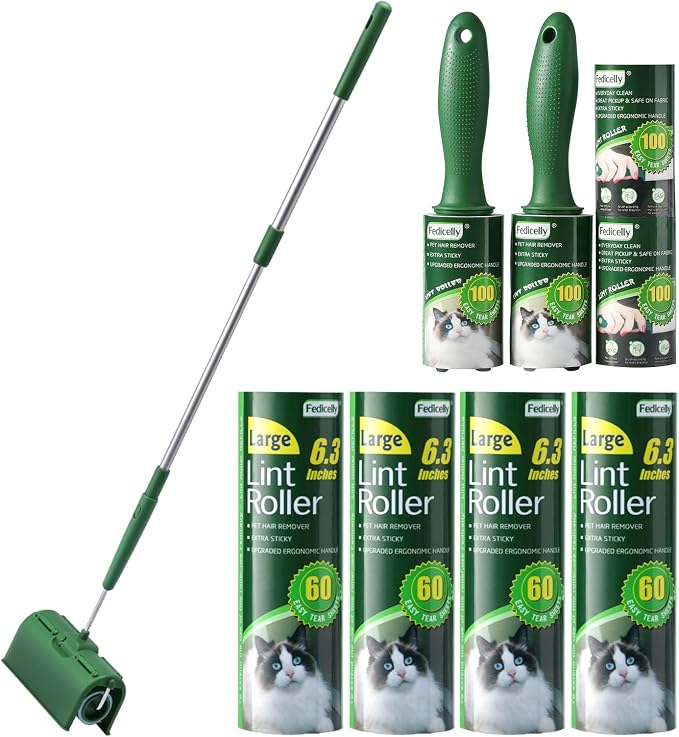 Fedicelly Large Lint Rollers Pet Hair Extra Sticky Floor, Cat Dog Hair Remover Laundry Clothes Carpet Furniture,6.3 inches Wider with 320 Sheets Giant Lint Remover Brush for Couch with Long Handle