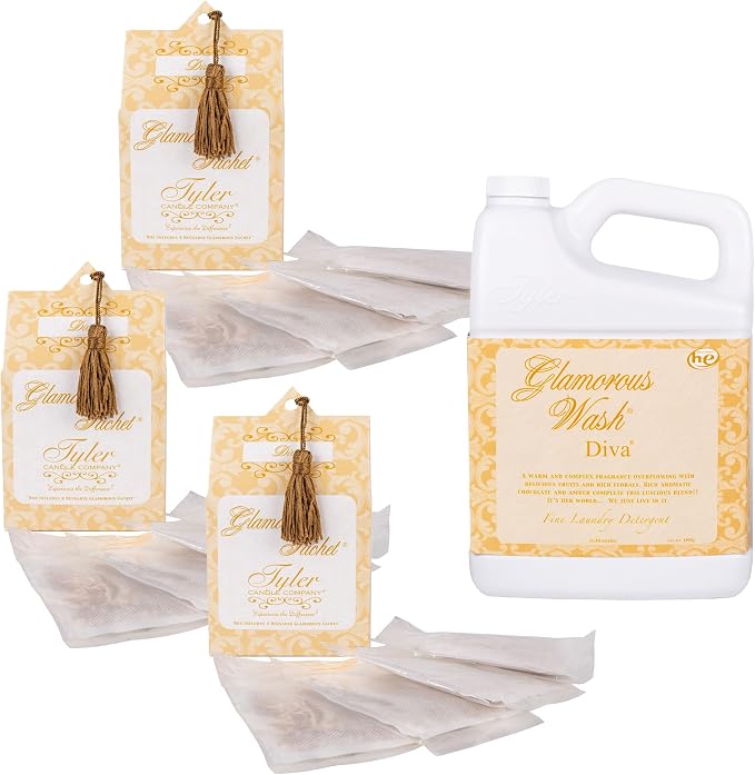 Elanze Designs Tyler Candle DIVA 64 Ounce Glam Laundry Detergent and Scented Sachet Bundle; set of 4