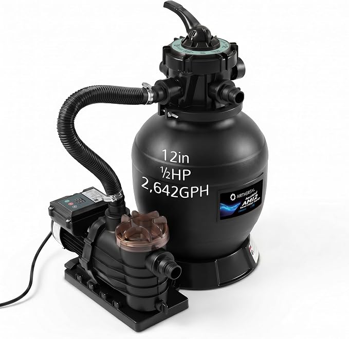 Airthereal AquaMind AM12 Sand Filter Pump for Above Ground Pool, 12" Pool Sand Filter System with Timer, ½ HP Motor, High-Flow 2,642 GPH, 7-Way Valve, Reliable Motor for Pools Up to 9,000 Gallons