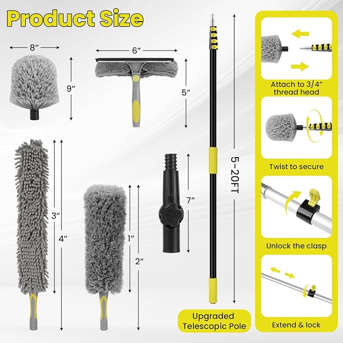 26FT High Ceiling Duster Kits with 5-20 Ft Extension Pole, Fan Blade Cleaner, Cobweb Duster, Window Squeegee Kit, Spider Web Brush for High Window, Interior Roof
