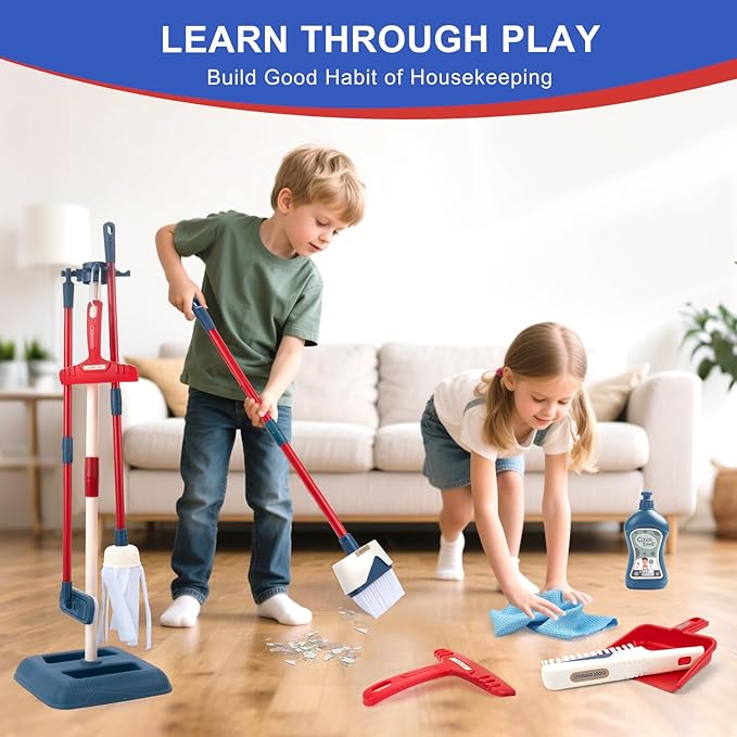 Toddler Toys Cleaning Set, Kids Cleaning Toy Stand Set, Pretend Play Home Cleaning Tools Toys Playset，Broom, Dustpan, Mop, Duster