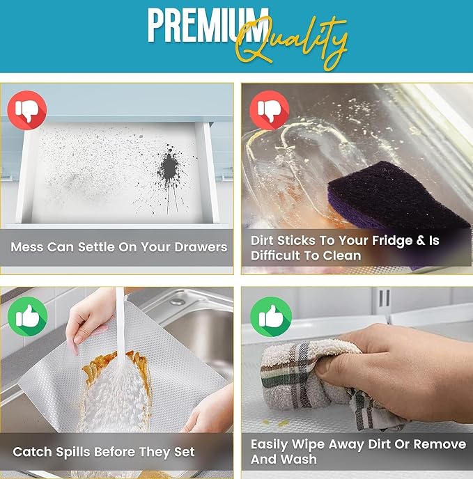 Refrigerator Liners for Shelves by Linda’s Essentials - Easy to Clean Fridge Liner with Spill Protection Fridge Shelf Liners & Drawer Liner, Nonslip BPA-Free Refrigerator Mats (Clear Roll)