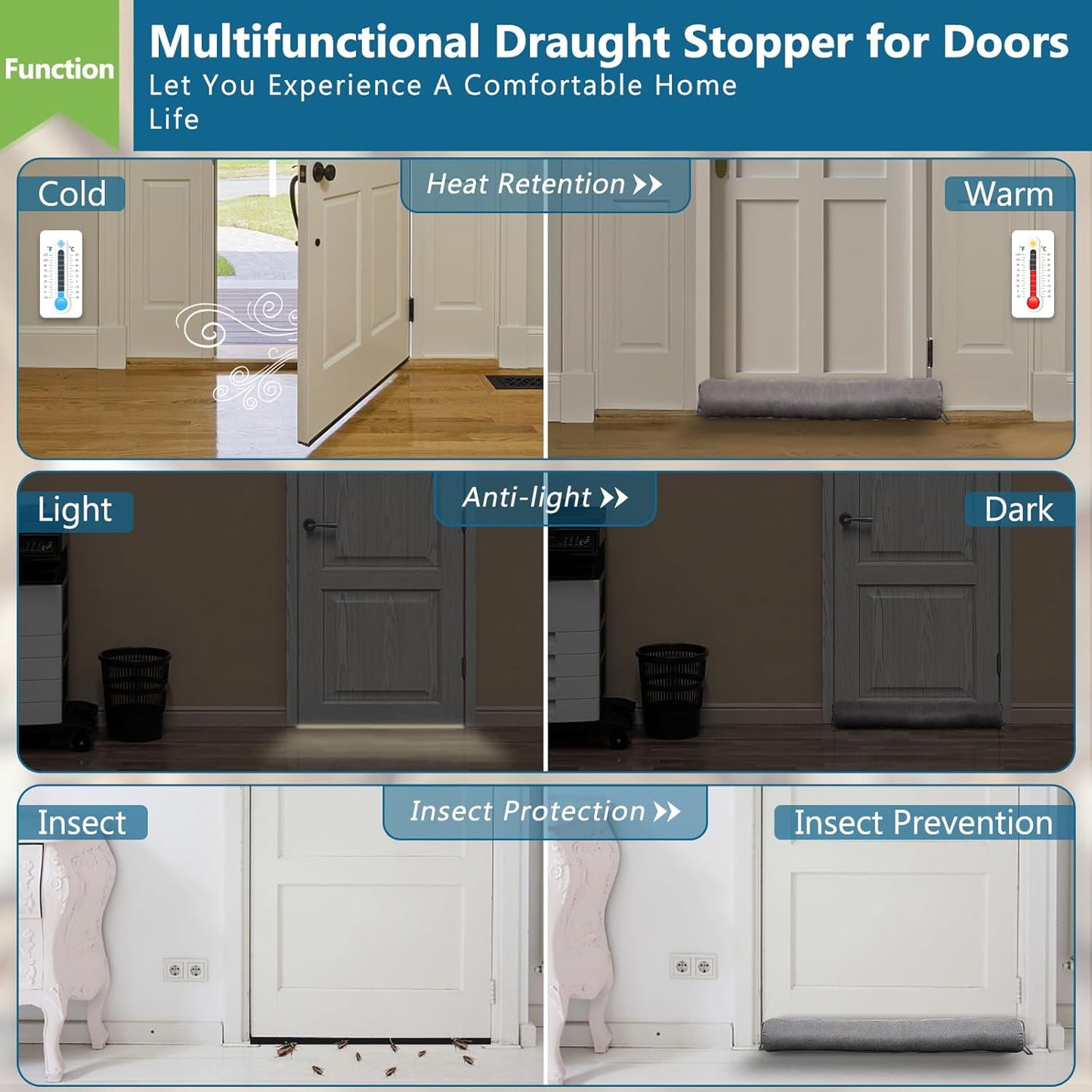 Triangular Under Door Draft Stopper 40 inch Heavy Duty Door Draft Blocker Bottom Door Seal Noise Air Door Guard for Doors and Windows, Gray