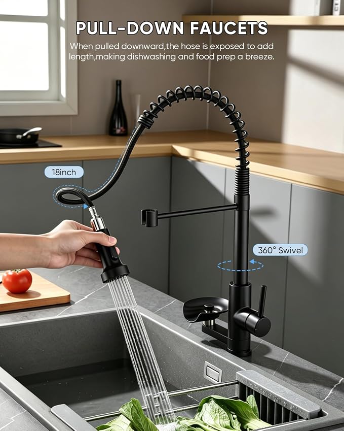 Kitchen Faucet with Cup Washer Pull Down Sprayer Stainless Steel Kitchen Sink Faucet with Deck Plate Glass Rinser Single Hole Black 3307R
