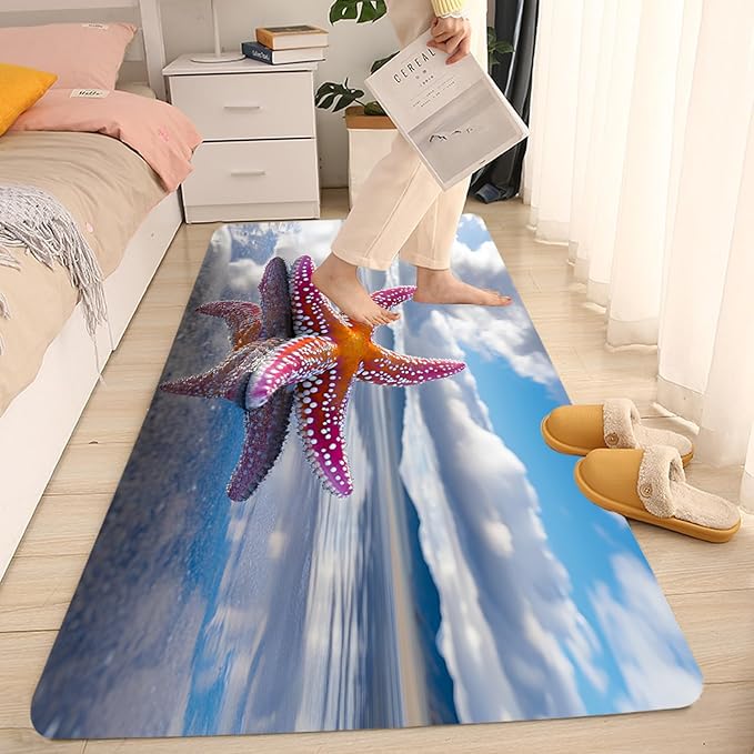 WODEJIA Non Slip Bath Rugs Sponge Foam for Bathroom,Flannel Mat Rug for Living Room, Absorbent MatS for Forlaundry Room and Kitchen,Beach Starfish Welcome Mat 47x18 Inches