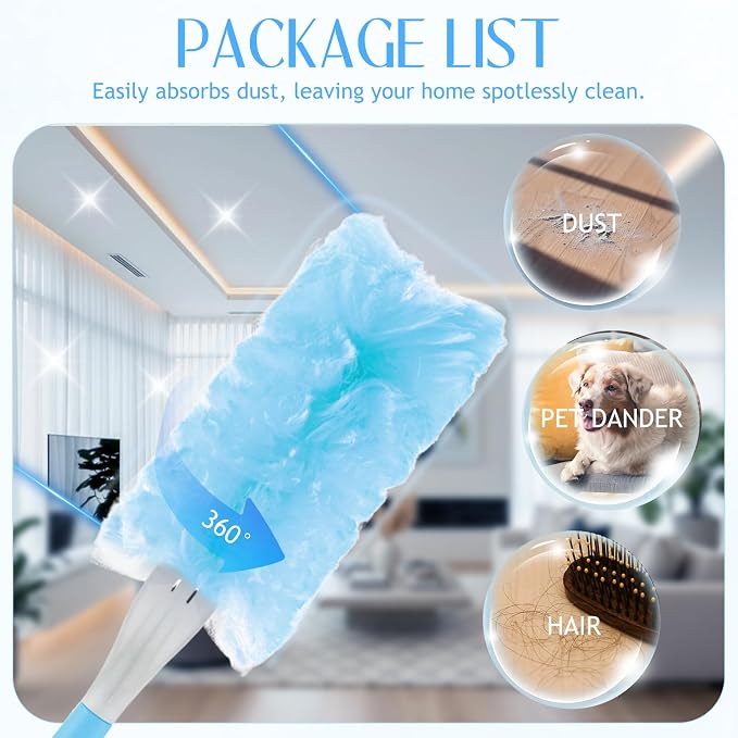 50 PCS Heavy Duty Duster Refills with Retractable Handle and Short Handle, Disposable Surface Duster Kit for Cleaning Dusting Furniture Blind Ceiling Fan (Blue)