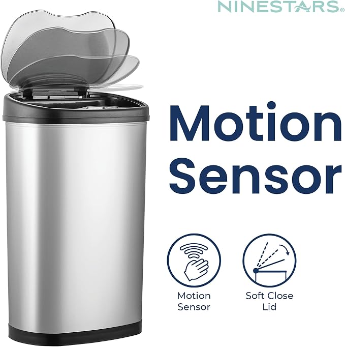 Ninestars 13 Gallon Oval Automatic Trash Can, 50L Touchless Motion Sensor Kitchen Garbage Can with Odor-Sealing Lid, Silver Stainless Steel