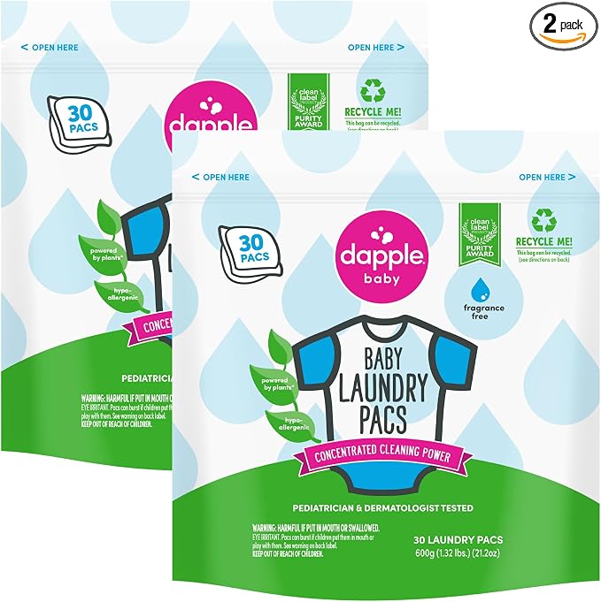 Dapple Baby Laundry Detergent Pacs - 30 Count - Fragrance-free Laundry Pods for Sensitive Skin - Plant-Powered Stain Remover - Newborn Essentials (Pack of 2)