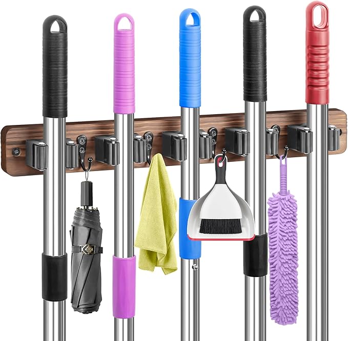 IMILLET 2 PACK Stainless Steel Mop and Broom Holder and 1 PACK Wooden Broom Holder