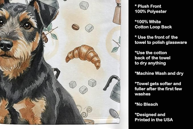 Caroline's Treasures Black and Tan Lakeland Terrier Coffee Bar Kitchen Towel Velour Plush Front and Cotton Loop Back Machine Washable