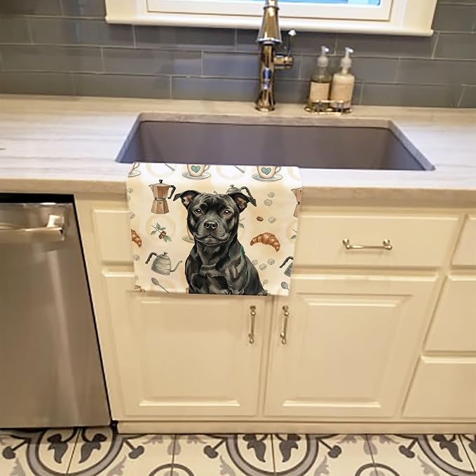 Caroline's Treasures Black Staffordshire Bull Terrier Coffee Bar Kitchen Towel Velour Plush Front and Cotton Loop Back Machine Washable