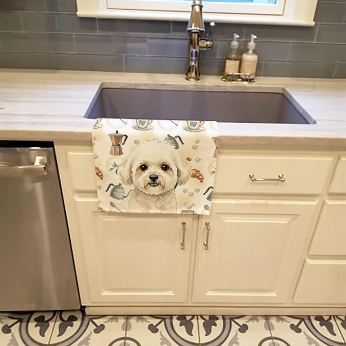 Caroline's Treasures White and Cream Bichon Frise Coffee Bar Kitchen Towel Velour Plush Front and Cotton Loop Back Machine Washable