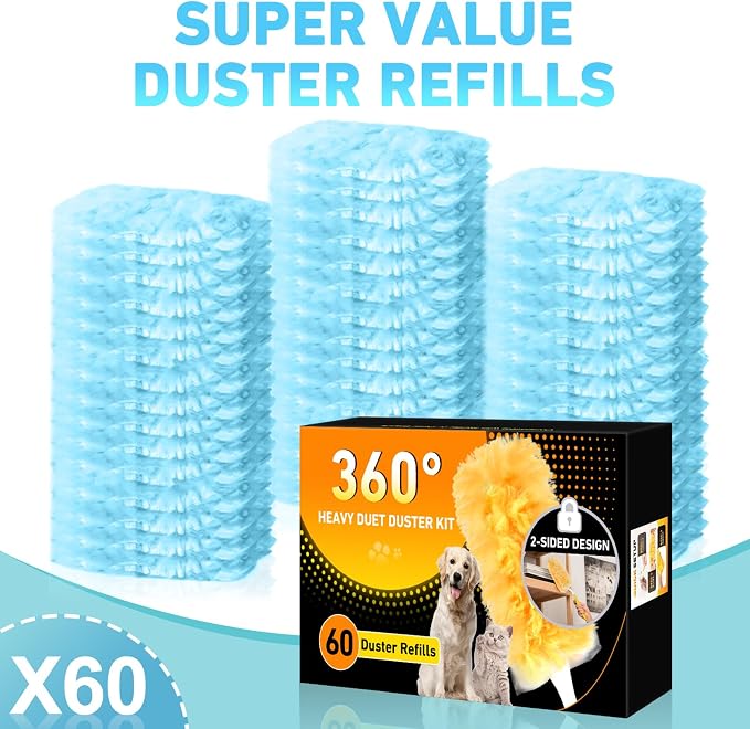 60 Count Heavy Duty Duster Refills for Swiffer, Multisurface 360° Larger Size Dusters with 4X Cleaning Power, Disposable Dusters for Pet, Cleaning Home, Blinds, Fans, Corners (60 pcs-Blue)