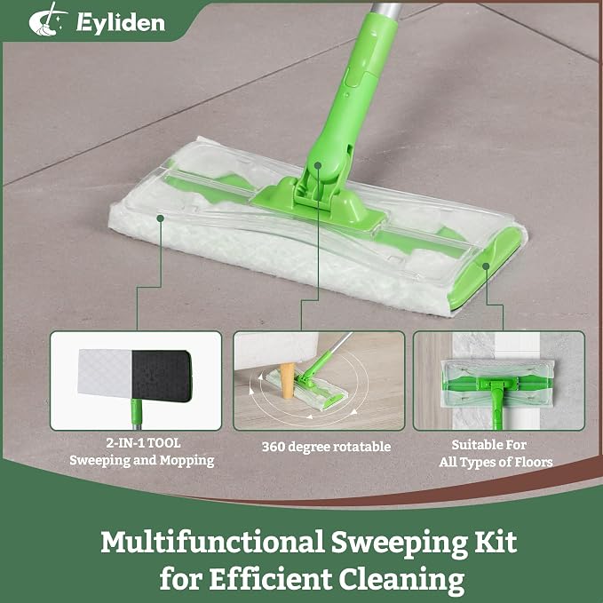 Eyliden Sweeper Mop with 36 Refills - 3 Types of Disposable Dry & Wet Cloths | Lock-Tight Design No Lost Pads, Universal Refills, Multi-Surface Sweeping Starter Kit for Pet Hair, Dust, Floor Cleaning