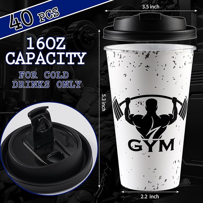 20pcs Gym Birthday Party Supplies Bodybuilder Theme Disposable Plastic Cups 16 Oz Drinking Cup with Lid, for Gym Lovers and Weight Lifters (gym)