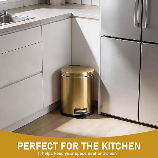 SIMPLYKLEEN Bathroom Trash Can with Lid - 2PC 1.3 Gallon Oval Small Trash Can with Soft-Close Lid, Foot Pedal, Brushed Stainless Steel, Removable Liner, Garbage can for Kitchen, Office (Gold+ Silver)