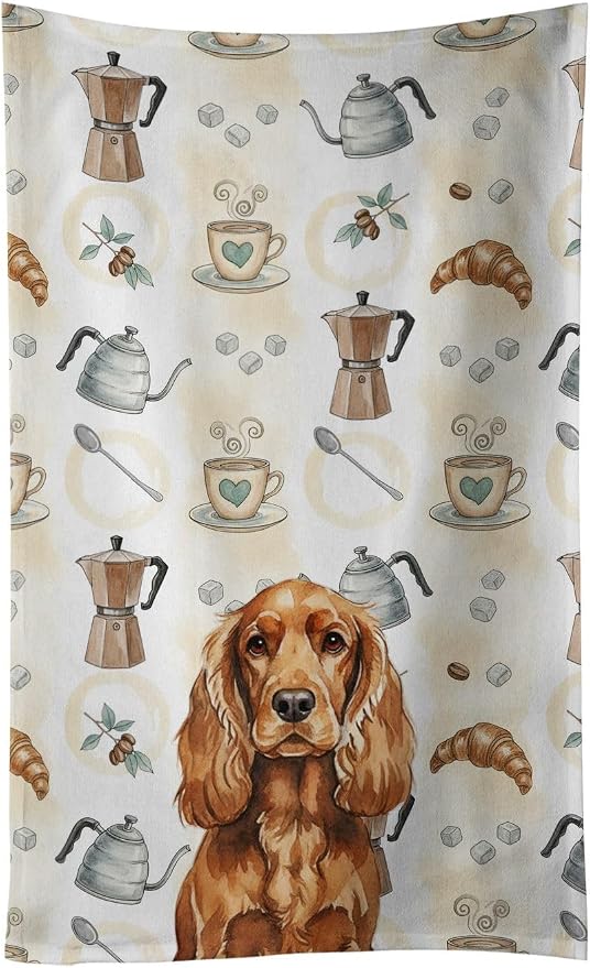 Caroline's Treasures Red English Cocker Spaniel Coffee Bar Kitchen Towel Velour Plush Front and Cotton Loop Back Machine Washable
