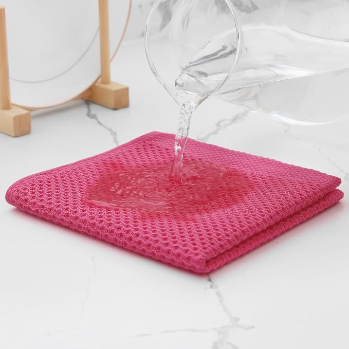 Kitinjoy 100% Cotton Kitchen Dish Cloths (12 X 12 Inches, Hot Pink), 8 Pack Waffle Weave Ultra Soft Absorbent Dish Towels for Drying Dishes Quick Drying Kitchen Towels Dish Rags