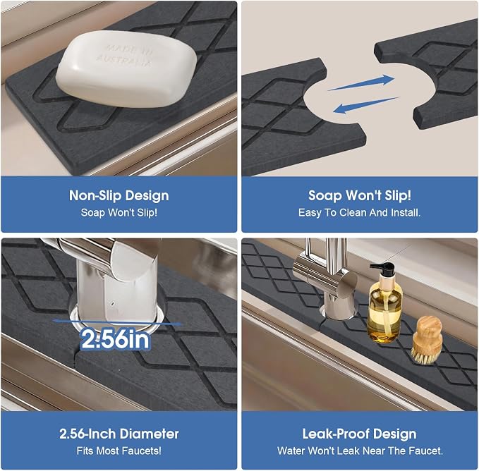 Faucet Mat for Kitchen Sink, Diatomite Stone Sink Tray, Faucet Splash Guard, Quick Dry Water Absorbing Non-Slip Stone Tray, Fits Most Faucets, Pet Bowl Mat, Vase Holder, Cleaning Supplies, Matte black