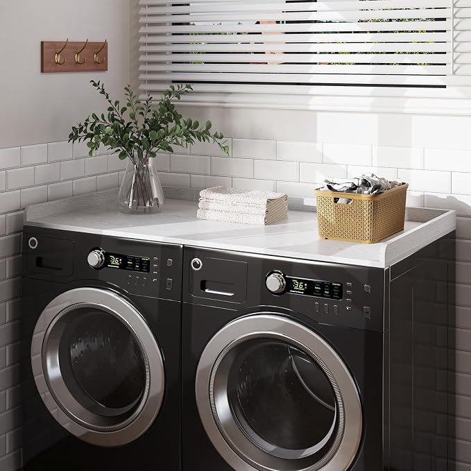 Fivesun Washer Dryer Countertop, 27.5" x 54“ Wood Washer and Dryer Countertop with Edge Rails for Laundry Room Organization and Storage, White